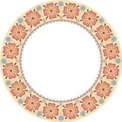 Abstract flowers repeating pattern round frame shape. Use for Easter holidays decor, embroidery framing, plate contour, greeting card, invitation