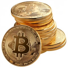 Studio Photography of Gold Bitcoins on a White Background for Cutout Designs, Bitcoin Marketing Photo