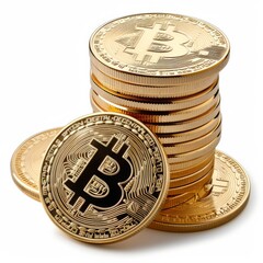Studio Photography of Gold Bitcoins on a White Background for Cutout Designs, Bitcoin Marketing Photo
