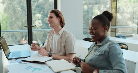 College, students and discussion in classroom with laughing for gossip, funny and joke with book and laptop. University, man and woman or friends with diversity, conversation and happy while learning