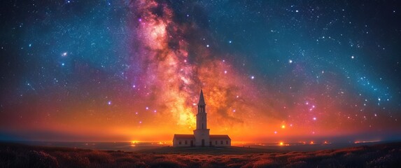 Church Under the Cosmic Tapestry: A Celestial Symphony of Spirituality and Architecture - obrazy, fototapety, plakaty