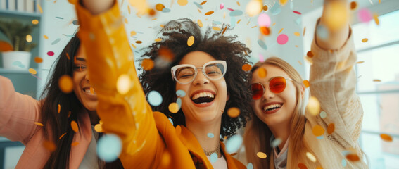 Happy friends celebrating with colorful confetti. vibrant and heartwarming snapshot of friendship and celebration. Happiness and success concept.