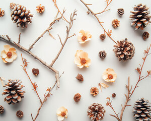 Pine cones, flowers and branches on a white background. Flat lay, top view