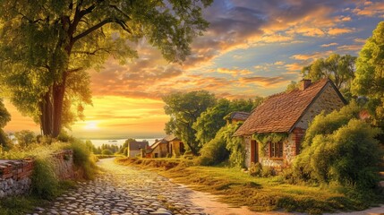 Sunset Lullaby: A Nostalgic Tapestry of a Picturesque Village Engulfed in Golden Hues of Enchantment - obrazy, fototapety, plakaty