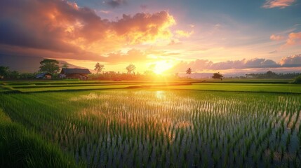 Golden Rhapsody in the Land of Verdant Serenity: Evening's Embrace on a Calm Rice Paddy - obrazy, fototapety, plakaty