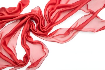 Flying red silk chiffon fabric on a white background. Weightless silk fabric.