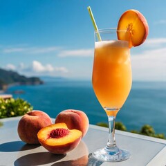 summer cocktail with peaches in front of panoramic ocean view