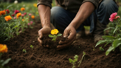 Fototapeta premium Planting flowers in the garden , person planting a flower