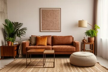 Warm and cozy interior of living room space with brown sofa, pouf, beige carpet, lamp, mock up poster frame, decoration, plant and coffee table. generative ai.