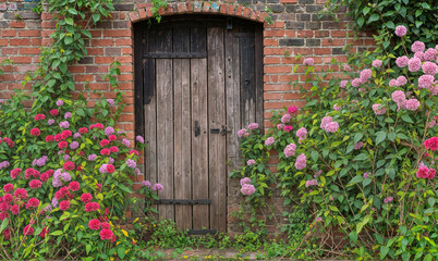Rustic Wooden Door Amidst Blooming Garden