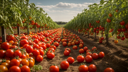 Tomatoes in a greenhouse, Ripe tomato plant growing in greenhouse - obrazy, fototapety, plakaty
