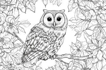 Fototapeta premium bird for coloring book. Ethnic retro illustration of owl in Forest style with flowers and leaves.