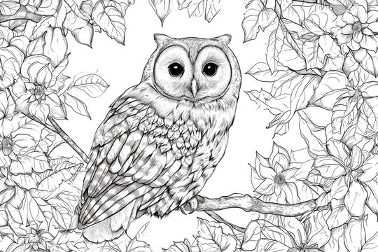 bird for coloring book. Ethnic retro illustration of owl in Forest style with flowers and leaves.