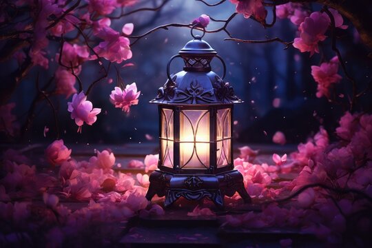 Lantern in the garden with blooming sakura flowers. lantern on the ground in front of pink flowers. fantasy image. festive wallpaper.