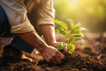 Farmer planting a seedling in the soil. Selective focus. nature. Planting a seedling Closeup of male hands. Gardening and agriculture concept. Earth day, ecology and environment.