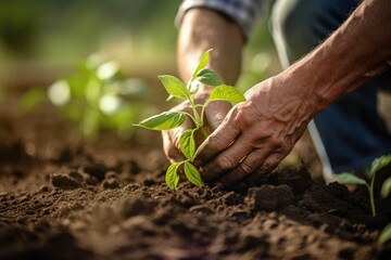 Close up of hands of a senior man planting seedling in fertile soil. Earth day. Gardening and agriculture concept. Planting a seedling Closeup of male hands.