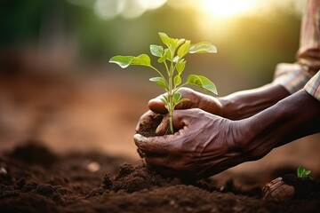 Hands of senior farmer holding green seedling growing on fertile soil. Spring garden planting process. Gardening and agriculture concept. Earth day, ecology and environment.