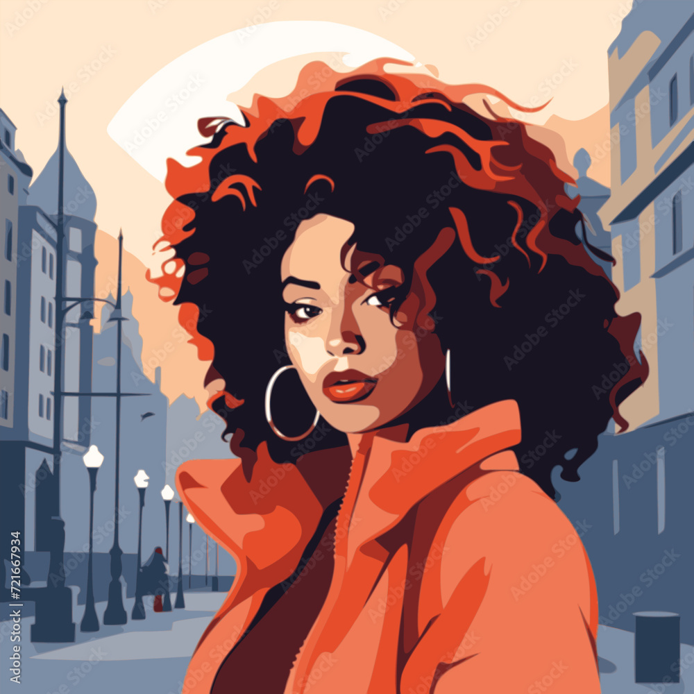 Wall mural portrait of young woman with curly hair in the city. woman. svg vector minimalist colors style.