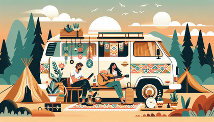 A vector illustration depicting van life