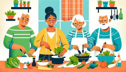 A vector illustration of senior citizens making healthy meals