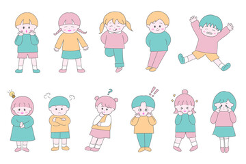 いろいろパステルカラーの子供たちの全身イラスト　白バック