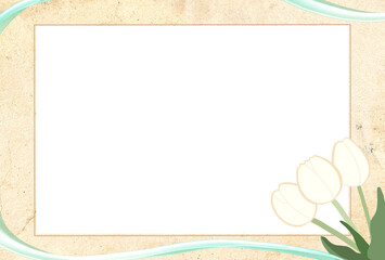 白いチューリップとリボンのクラシカルなフレーム