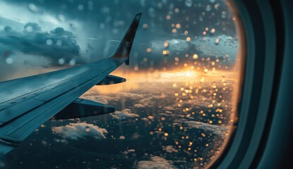 In-Flight Tempest: Airplane Window View Amidst a Storm - Thunderstorm, Rain, and Turbulence Evoke Fear, Emphasizing the Importance of Safety in the Travel Experience.

