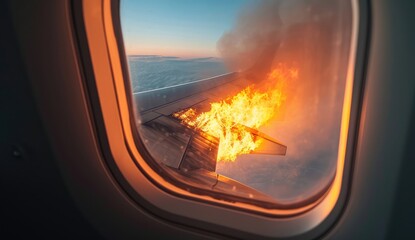 Aviation Nightmare: View from Airplane Window with Wing in Flames - An In-Flight Accident Inducing Fear, Panic, and Prompting Urgent Maintenance and Inspection for Aircraft Safety.




