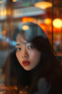 asian model with big eyes and big lips in a city modern cafe, black hair, reflections trough a window of a people passingby