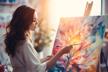 Beautiful young woman artist is painting picture on canvas in her studio.