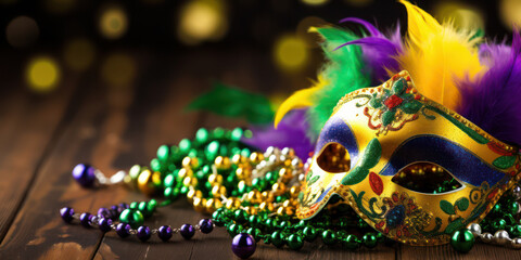 Mardi Gras Masquerade: A Festive Carnival Party with Vibrant Venetian Masks, Gold Necklaces, and Colorful Beads on a Fun Yellow, Purple, and Green Background - obrazy, fototapety, plakaty