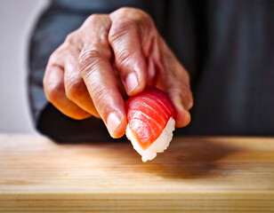 寿司職人の熟練の技 - マグロのにぎり寿司の美しさを際立たせる
