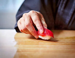 寿司職人の熟練の技 - マグロのにぎり寿司の美しさを際立たせる