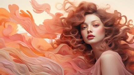 Fototapeta premium Portrait of a beautiful young woman with long curly hair in pink dress