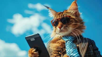 Intrigued Kitty in Bowtie and Shades: Close-Up Portrait Full of Curiosity - Fluffy Cat with Intriguing Gaze, Sporting Bowtie and Sunglasses looking at the phone - CAT Businessman  