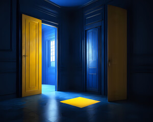 a room with blue walls and a yellow door