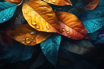 Glistening Raindrops on Vibrant Leaves, Perfect for Nature-Themed Designs - Close-Up Photo of...