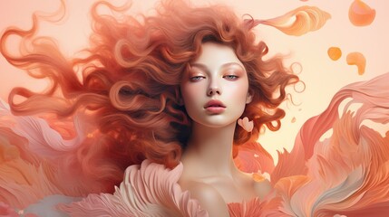 Fototapeta premium Portrait of a beautiful young woman with long curly hair in pink dress