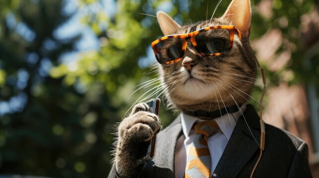 Business Cat Boss: Tabby Cat in Suit wearing sunglasses and Tie Holding Phone, Funny Office Image - Sharp-Dressed Tabby Cat Means Business, Phone Call on the Agenda - Perfect for Office Humor 