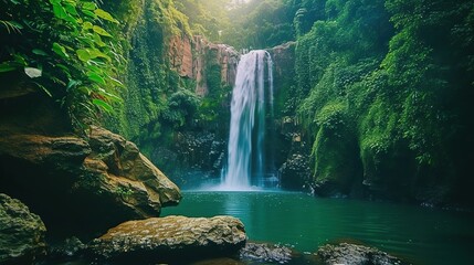 view of the waterfall on the mountain slopes - obrazy, fototapety, plakaty