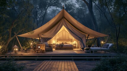 Cozy Glamping Tent in the Woods with Warm Lighting