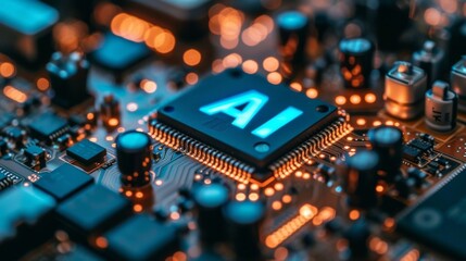 A chip with the letters AI on it, indicating artificial intelligence technology.  - obrazy, fototapety, plakaty