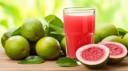 organic guava juice in glass cup on white background with fresh guava,Fresh guava juice and pink guava fruit