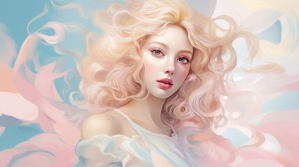 Beautiful blonde woman with wavy hair and colorful makeup, beauty salon design