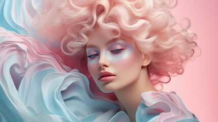 Beautiful blonde woman with wavy hair and colorful makeup, beauty salon design - obrazy, fototapety, plakaty