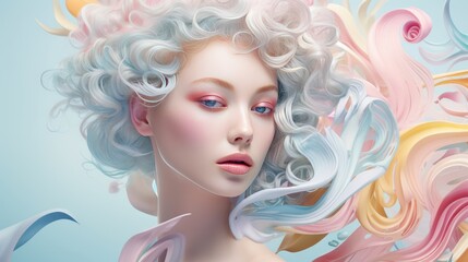Beautiful blonde woman with wavy hair and colorful makeup, beauty salon design