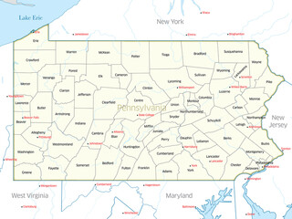 Political map showing the counties of the state of Pennsylvania