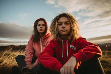 Two teenage girls sitting on a field and looking at the camera.