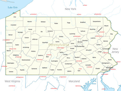 Political map showing the counties of the state of Pennsylvania