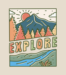 Vector t shirt design with explore letter in the middle. Nature mountain vector t shirt art
